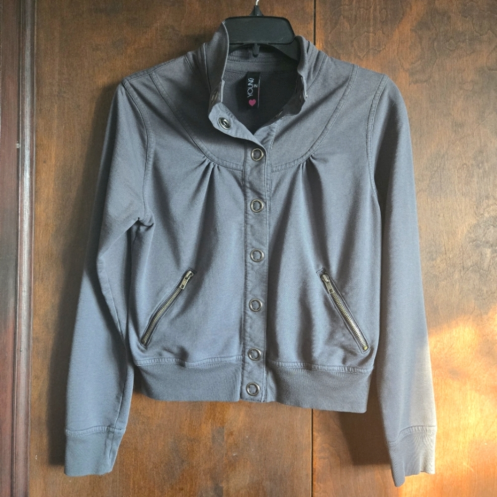 Young In Heart Bluish Gray Bomber Jacket PTP=17"
